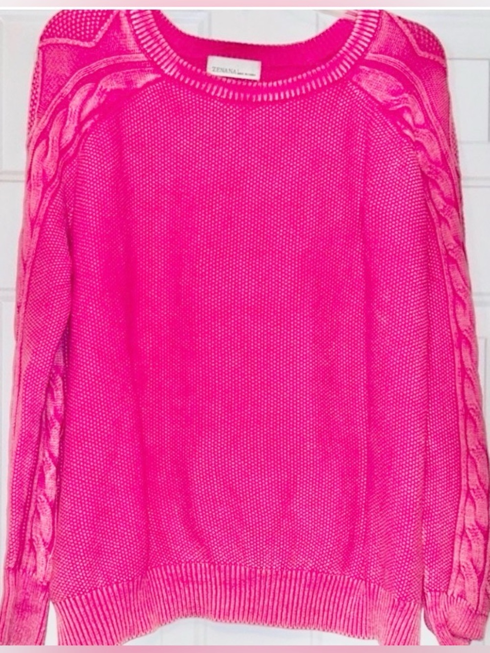 Zenana Cotton Sweater LG Cable Knit Sleeves White Wash Pink Textured Relaxed Fit